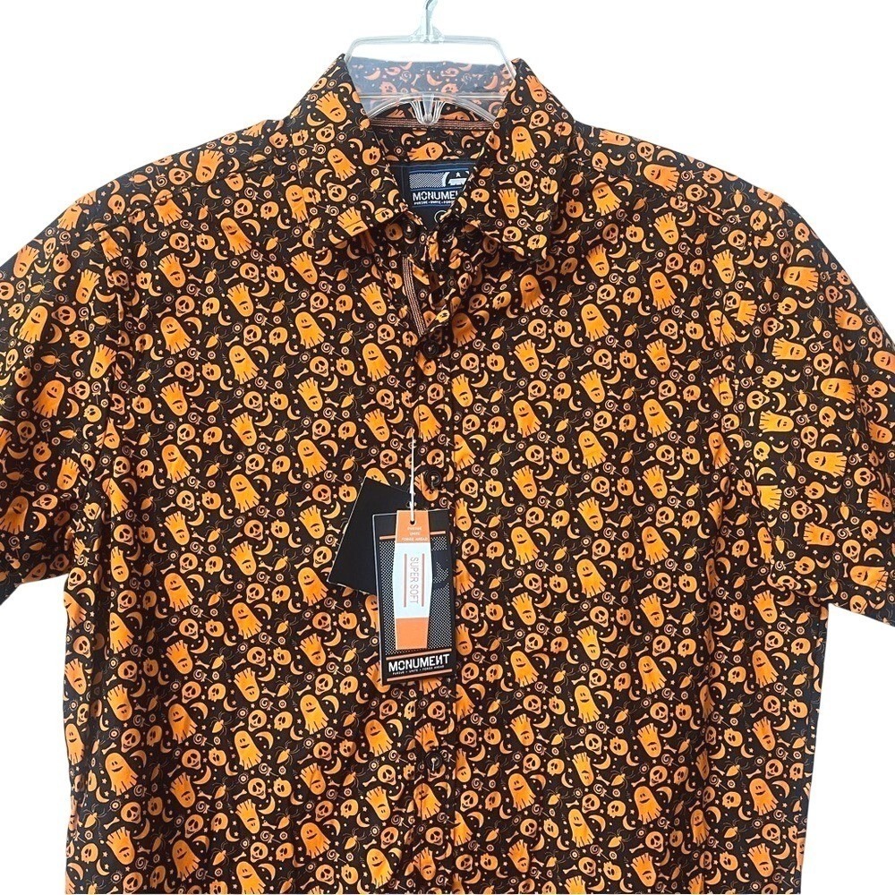 Monument Halloween Pumpkin Print Button Down Shirt Mens Small Fall Party NWT